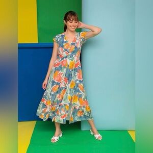 London Times Blue and Coral Floral Maxi Dress